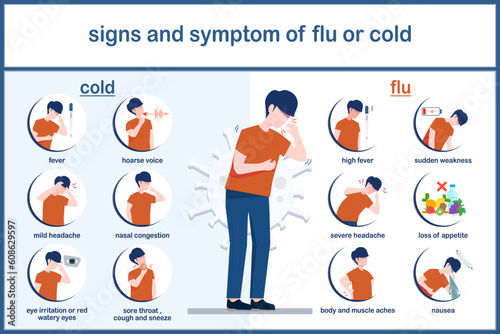Vector illustrations of cold and flu symptoms.infographic of difference between flu and cold concept.Flat style.