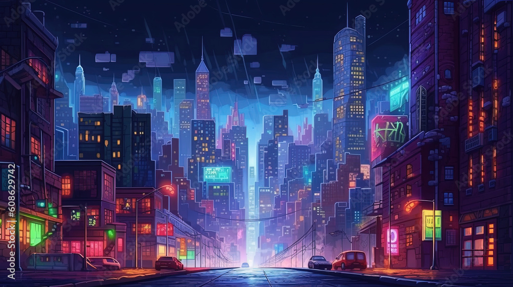 Night city. Game pixel art style like in old games of the 90's