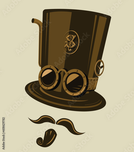 Steampunk style top hat with goggles and other retro elements.