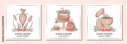 Set of design for pastry and bread shop. Cake shop logo. Set of tools for making cakes, cookies and pastries. Vector illustration for menu, recipe book, baking shop, cafe.