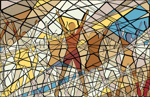 Editable vector mosaic illustration of women doing aerobic dance exercise together
