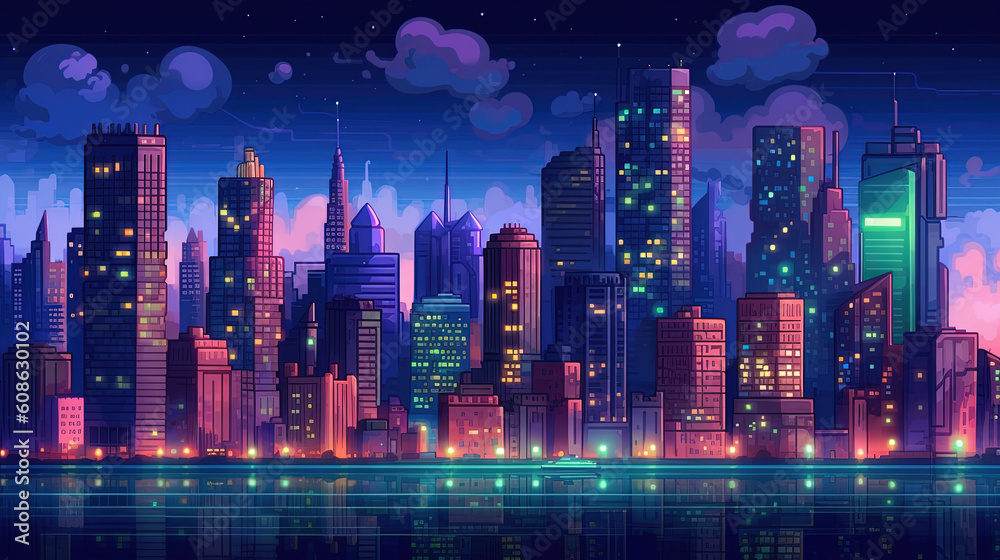 Night city. Game pixel art style like in old games of the 90's