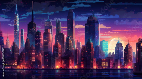 Night city. Game pixel art style like in old games of the 90 s