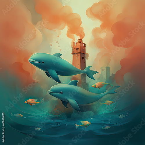 Cute Dolphins, Childrens Book Illustration, Generative AI photo