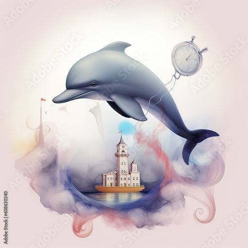 Cute Dolphins, Childrens Book Illustration, Generative AI photo