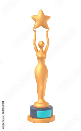 3d plasticine realism golden award icon. Bright voluminous statuette, movie ceremony reward. Social media, apps sticker. Prize, rank for winner. 3d vector illustration isolated on white background
