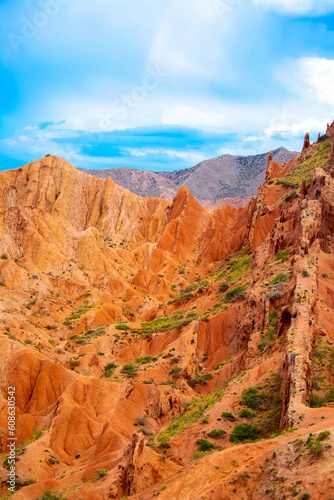 Natural unusual landscape red canyon of extraordinary beauty is similar to the Martian landscape. Multi-colored canyon fairy tale in Kyrgyzstan. Charyn Canyon. Amazing beautiful landscape.