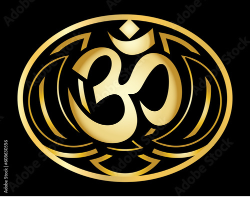 Golden Om sign on a black background. Vector color illustration. Template for design