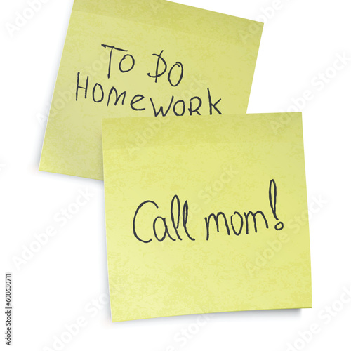 Call mom reminder. Text on yellow sticky notes, vector, EPS10.