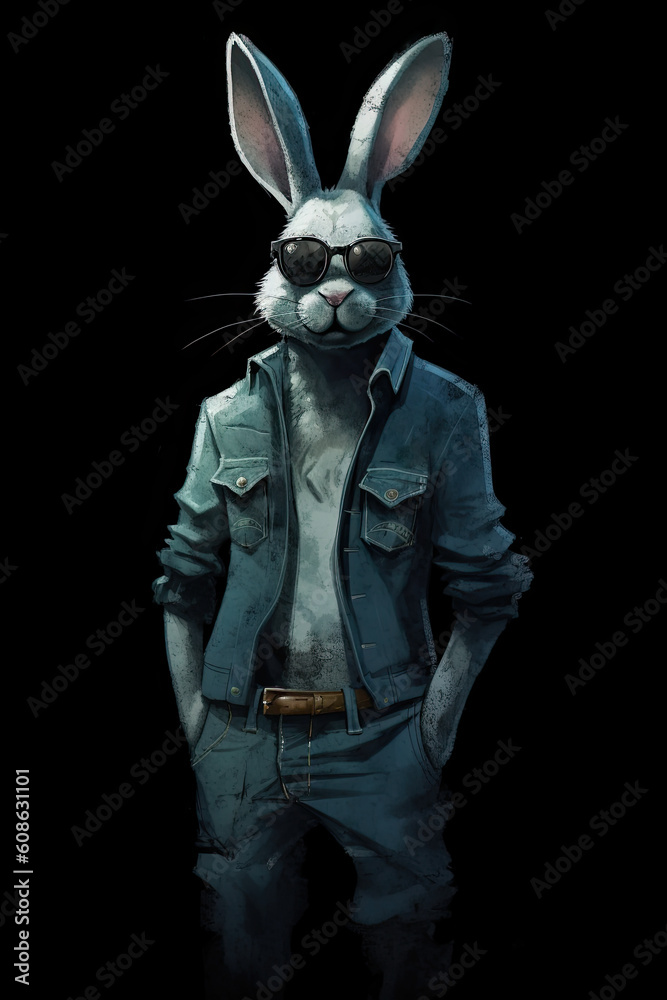 Rabbit with glasses and a jacket. Digital art. Generative AI. Rabbit with glasses and a jacket. Digital art. Generative AI.