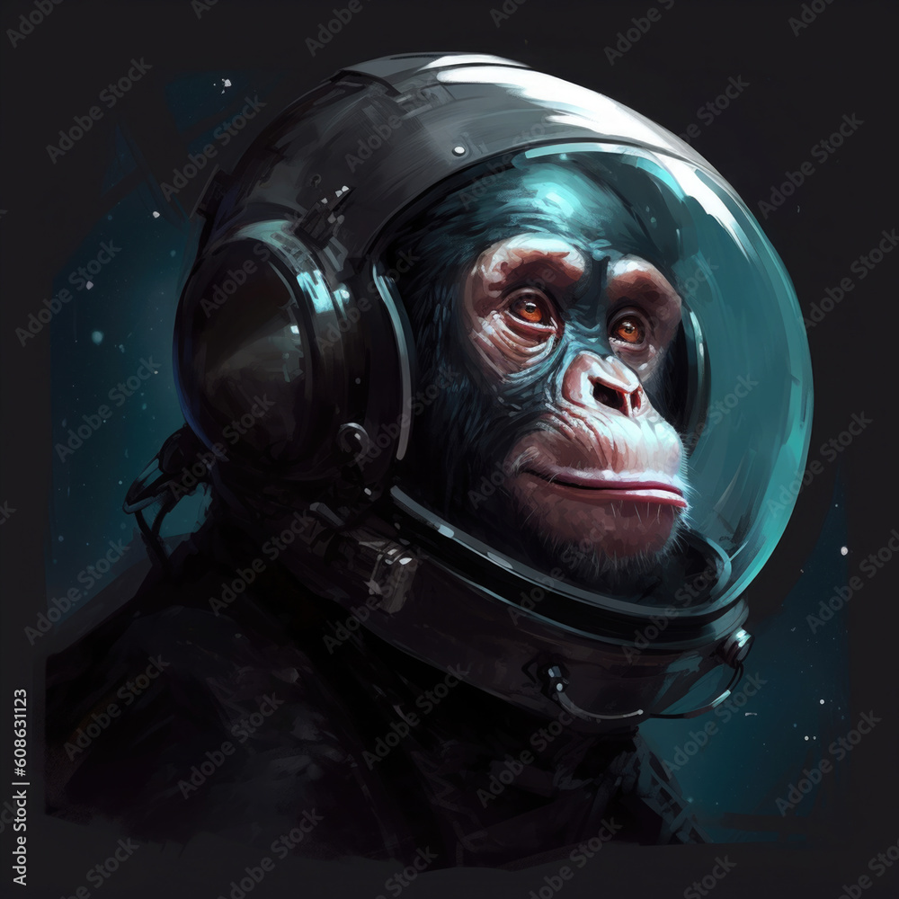Chimpanzee in a space suit. Digital art. Generative AI. Chimpanzee in a space suit. Digital art. Generative AI.