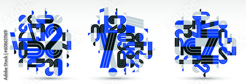 Dynamic messy abstract vector design compositions set, blue minimal lined modern art collection, stylish geometry elements, isolated over white.