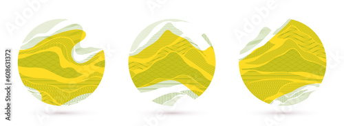 Nature art oriental Japanese style vector abstract backgrounds set in yellow color in a shape of circle, runny like water shapes and lines with textures.