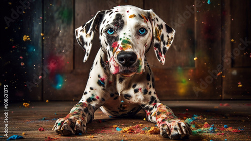 A photograph of a playful Dalmatian puppy covered in painting splash. Generative AI