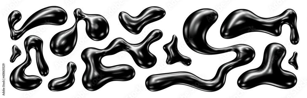 3D Chrome abstract liquid shapes. Inflated metal objects. Realistic ...