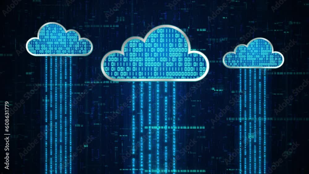 3D blue 3 cloud system with binary code encryption, Data upload download to cloud system, Privacy security protection network encode decode online access concept