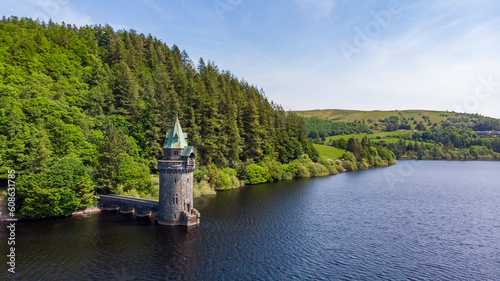 Straining tower at Lake Vyrnwy in Wales Aerial photo
