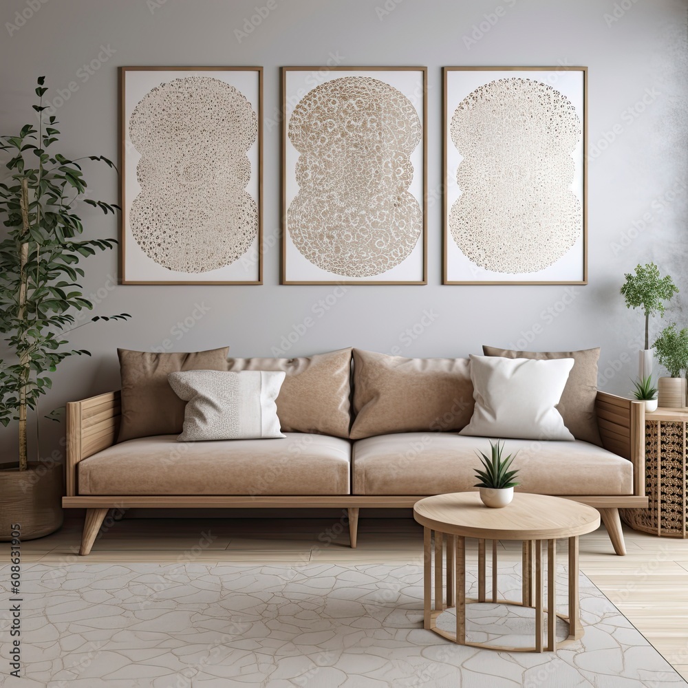 Interior design of a living room focussing on wall with couch against the wall and a 23 frame