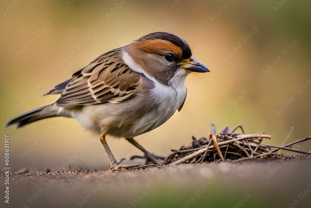 A sparrow in a puddle or bird , splashing water and refreshing itself