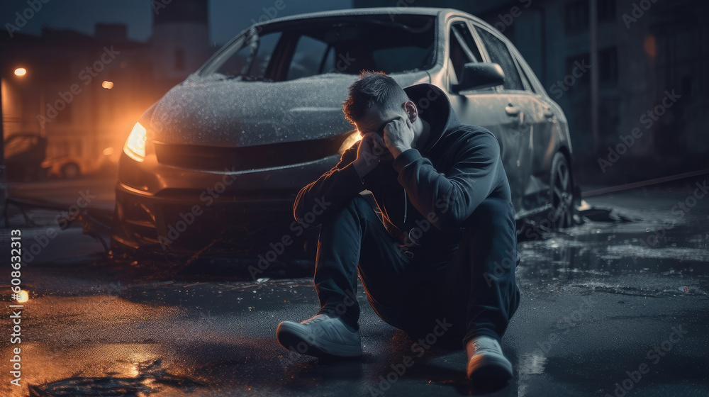 Crying man sitting near wrecked car on road, tragic car accident at