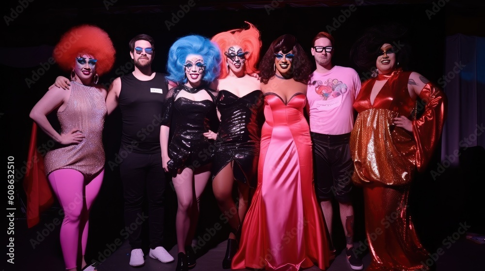Drag show artists at nightclub entertainment performance, group of men ...