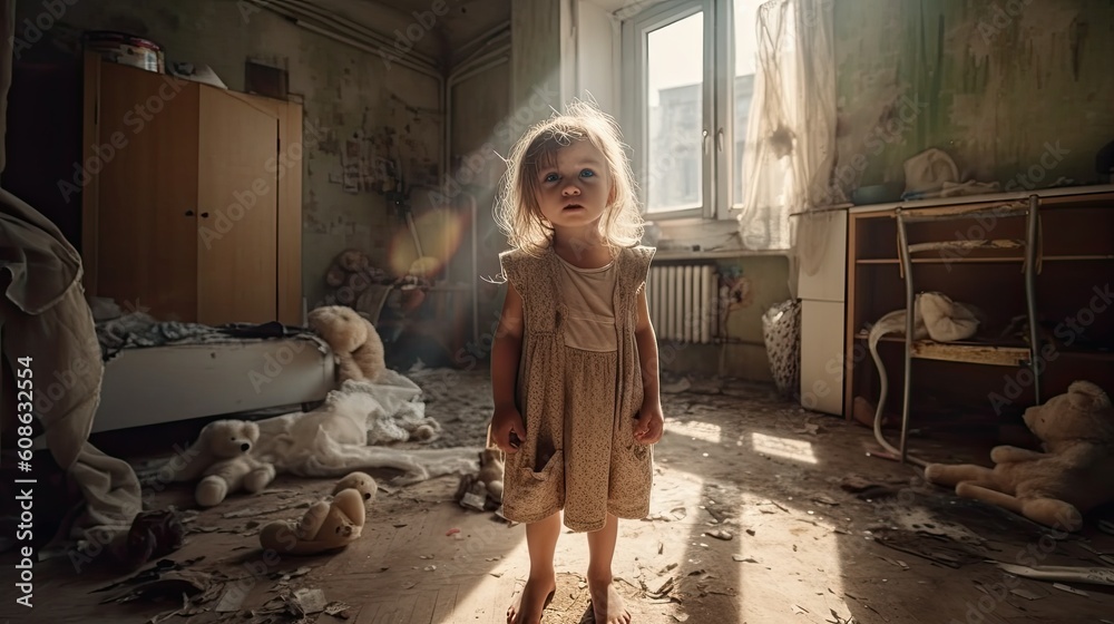 Crying sad girl in dirty cluttered apartment, child from dysfunctional ...