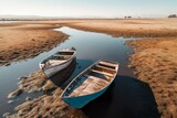 Europe in drought. Single boat left in a dried lake. Europe drought concept. Generative AI