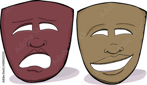 Theatrical dramatic masks with African facial features
