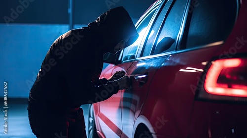 Car thief in mask tries to open car door for stealing transportation at night lighting, anonymous motor vehicle theft use auto theft tools stealing auto transportation, generative AI