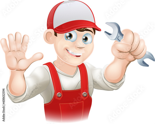 Illustration of a happy plumber or mechanic in his work clothes with wrench