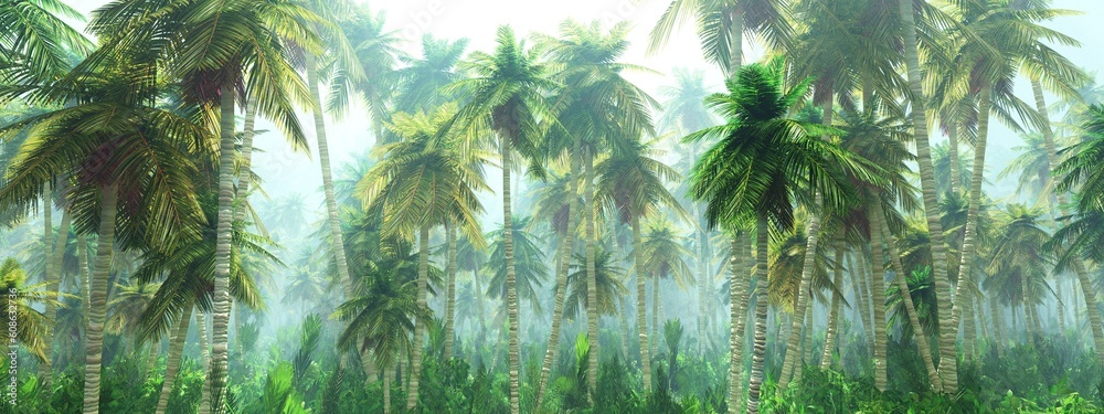 Fototapeta premium Jungle, beautiful rainforest in the fog, palm trees in the haze, jungle in the morning in the fog, 3D rendering