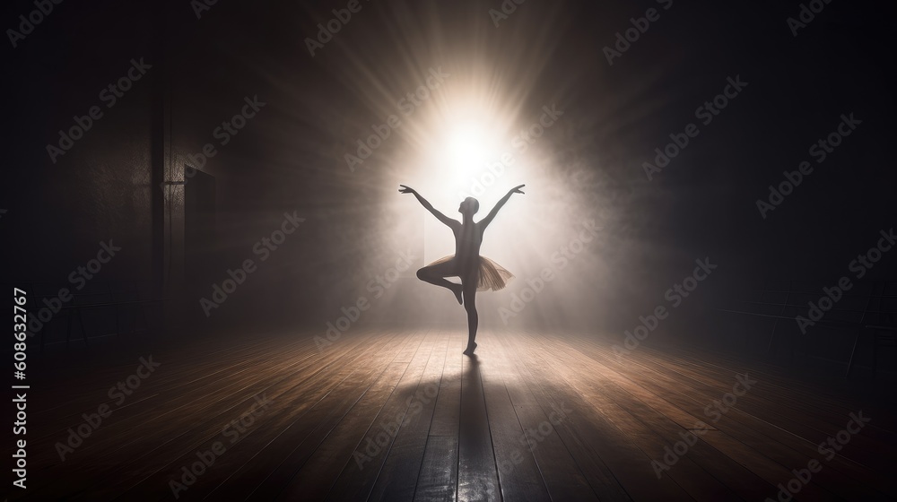 Female ballet dancer silhouette in spotlight beam dark background, prima  ballerina assoluta dancing on stage of theater, smooth movements of ballet  woman performer in white tutu dress, generative AI Stock Illustration