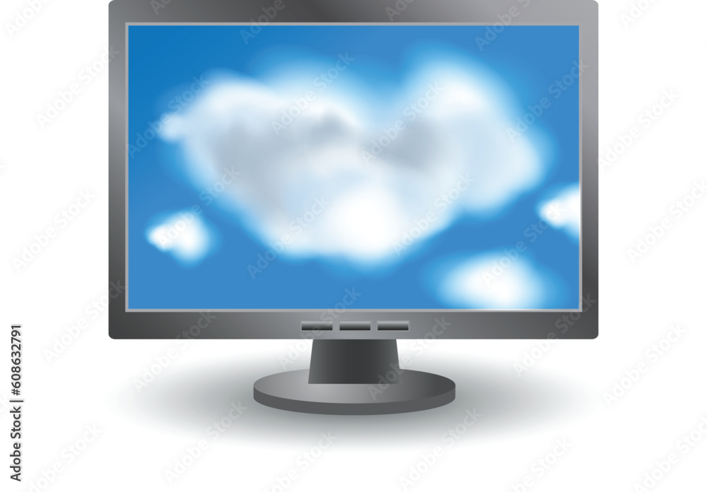 Cloud shape cut out from a computer monitor with a view of the clouds in the sky. Cloud computing abstract concept. Vector illustration. Cloud shape cut out from a computer monitor with a view of the clouds in the sky. Cloud computing abstract concept. Vector illustration.