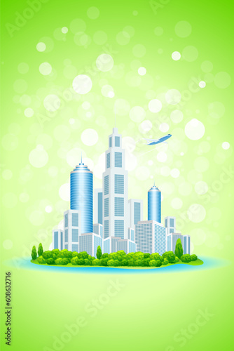 Business City Island with Aircraft on Green Background