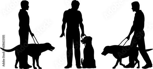 Editable vector silhouettes of a blind man and his guide dog with each man and dog as a separate object