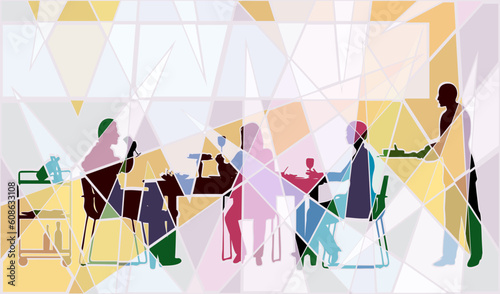 Colorful editable vector mosaic design of people eating in a restaurant