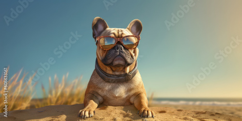 Fun in the Sun: Smiling French Bulldog Wearing Sunglasses Enjoys the Beach. Generative AI