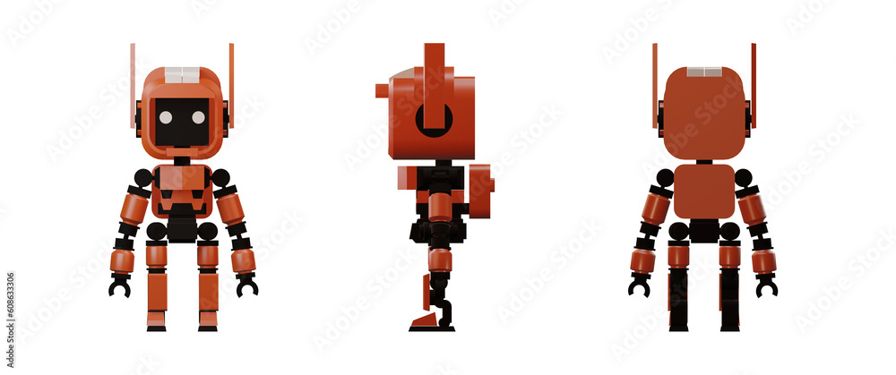 3D Render Illustration of Orange, White and Black Robot Toy in Front, Side, Back Angle Perspective View 3D Render Illustration of Orange, White and Black Robot Toy in Front, Side, Back Angle Perspective View