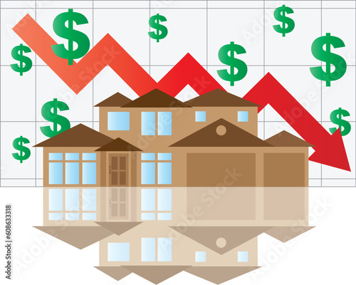 Home Value Falling Chart with House Arrow Dollar Signs Graph Illustration