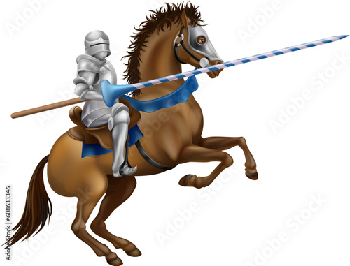 Drawing of a jousting knight in armour on horse back.