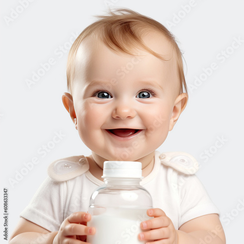 happy little baby in white clothes on a white background, girl, with a baby bottle of milk or nutrition. Generative AI