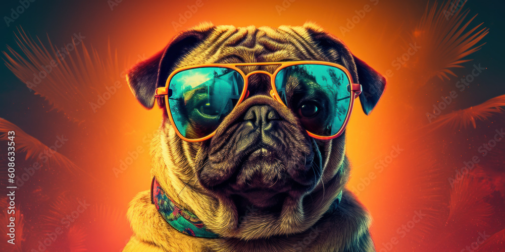 cute Pug Dog in sunglasses with funny expression on its face, posing on a  vibrant vacations inspired background. Generative AI Stock Illustration