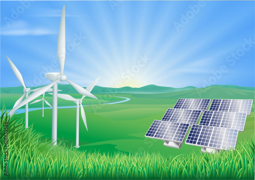 Illustration of wind turbines and solar panels generating renewable energy