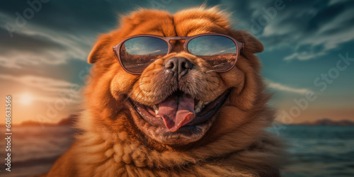 Coastal Companions: Smiling Chow Chow Dog Poses with a Funny Face and Sunglasses on the Beach. Generative AI © Bartek