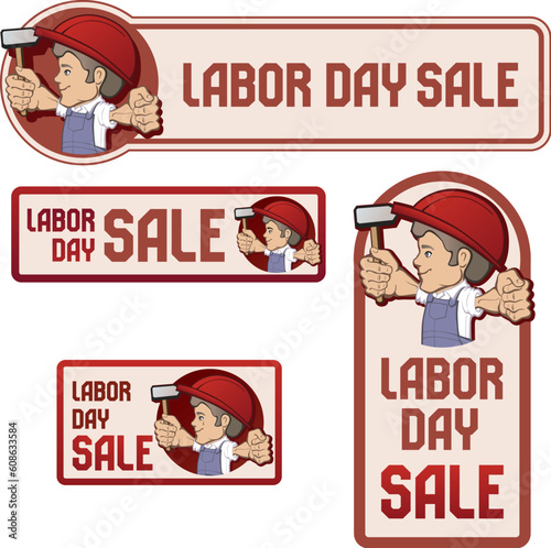 cartoon style  worker in bib overall and hard hat keep  flag in rased hand  flag  with  Labor Day device.  vintage style in dull color.  No fonts were used.