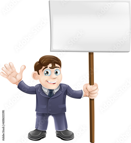 Illustration of a cute businessman holding a sign and waving