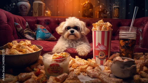 photo of sitting on a couch white Dog with Sunglasses holding popcorn and snacks is watching movies, theatrical, luxurious. Generative AI