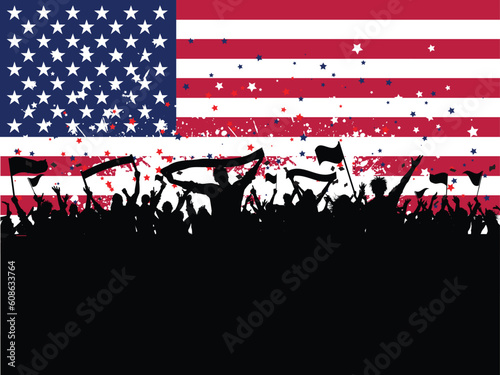 Silhouette of a party crowd with banners and flags on an American flag background