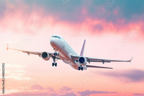 Airplane is flying in colorful sky at sunset. Landscape with white passenger airplane, purple sky with pink clouds. Aircraft is landing. Business trip. Commercial plane. Travel. Generative AI © jchizhe
