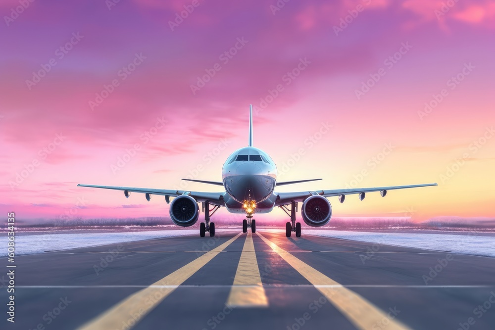 Obraz premium Airplane is flying in colorful sky at sunset. Landscape with white passenger airplane, purple sky with pink clouds. Aircraft is landing. Business trip. Commercial plane. Travel. Generative AI
